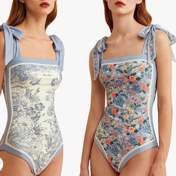 Other - Brand New Reversible Blue Floral Classic 1 Piece Tummy Control Bathing Suit